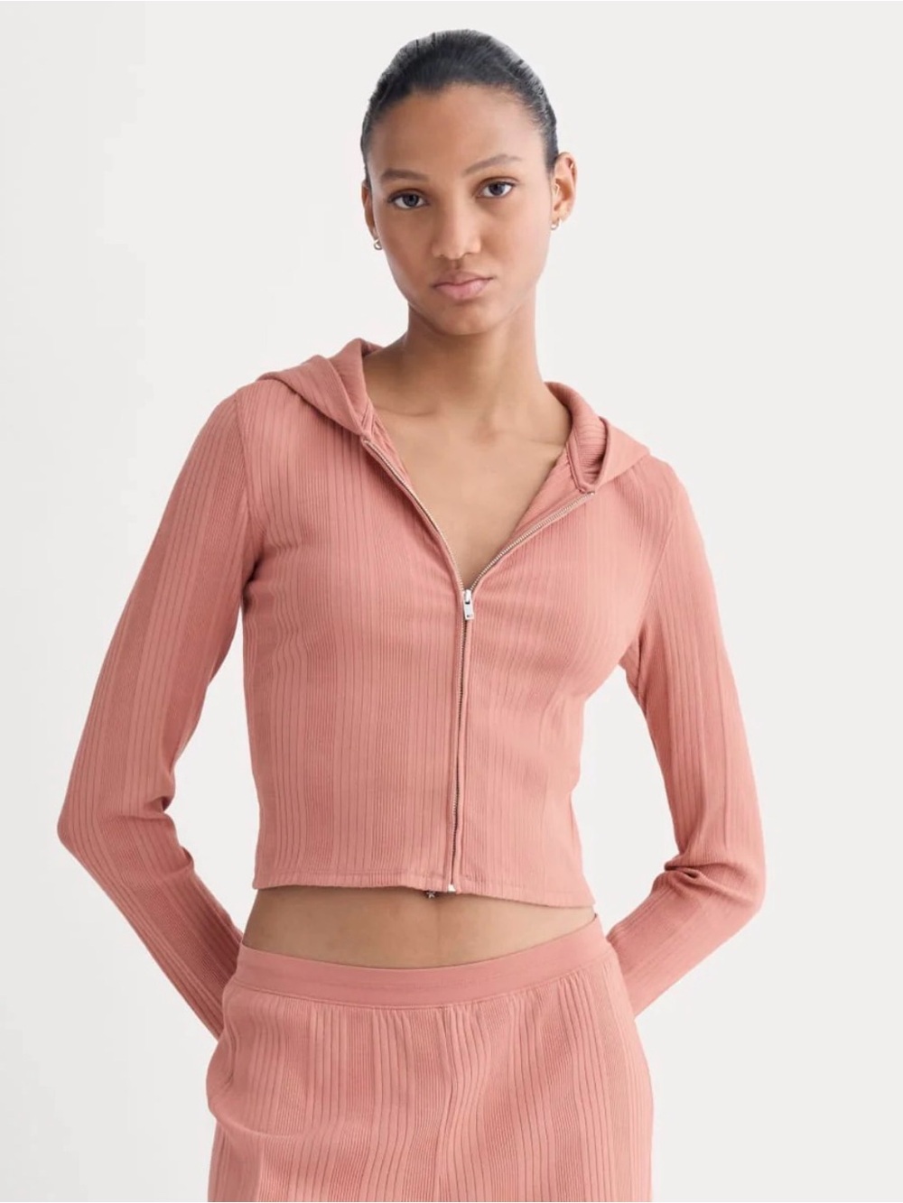 Everlane Ribbed Zip Hoodie in Dusty Pink